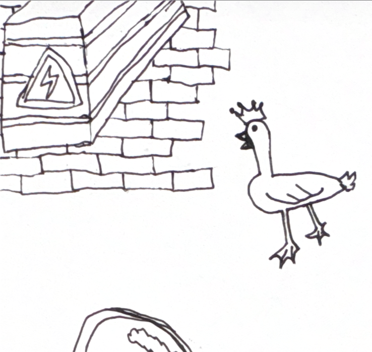 duck wearing a crown near an electrical thing